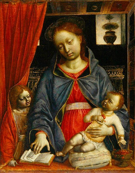Madonna og barn med en engel, ca. 1479 (tempera på panel) af Vincenzo Foppa