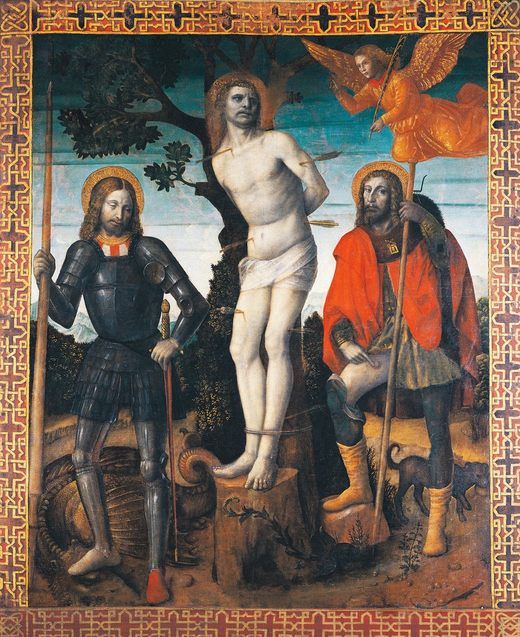 St. Sebastian, St. Rocco og St. Giorgio, bagsiden af Orzinuovis processionsbanner, af Vincenzo Foppa (ca1427 - ca. 1515), maleri på lærred. af Vincenzo Foppa