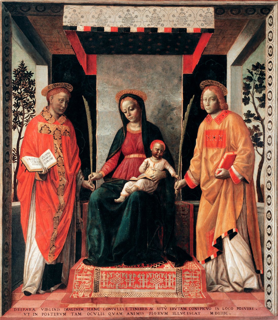 Jomfru og barn omgivet af de hellige Faustin og Giovita (Faustino og Giovitas protektion af Brescia) Maleri af Vincenzo Foppa (ca.1427-ca.1515) Brescia, Pinacoteca Tosio Martinengo Italien af Vincenzo Foppa