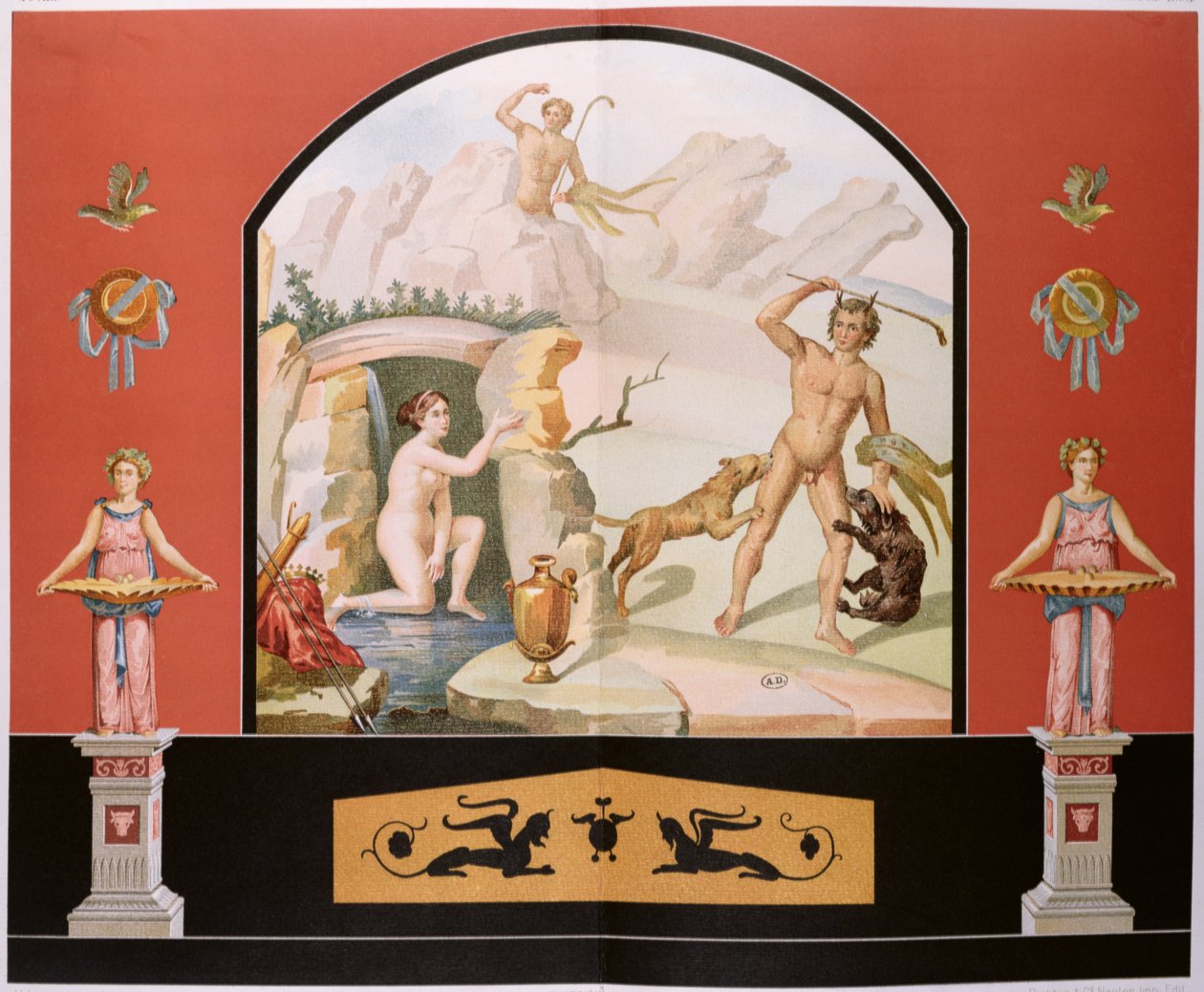Actaeon opdager gudinden Diana i hendes bad, rekonstruktion af en fresko i Sallusts hus i Pompeii af Vincenzo Loria