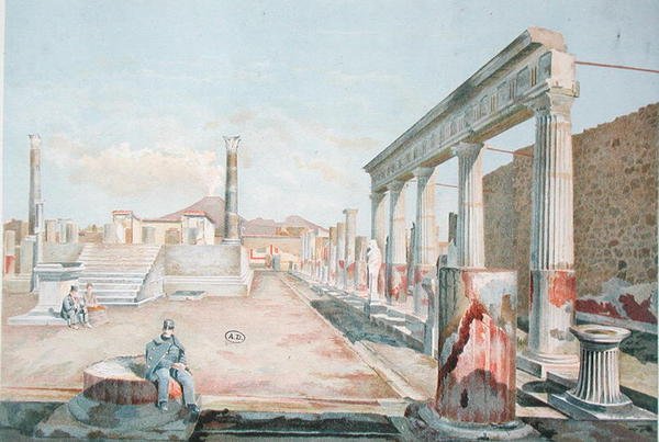 Vagtmester sidder blandt ruinerne af Pompeji (farve litho) af Vincenzo Loria