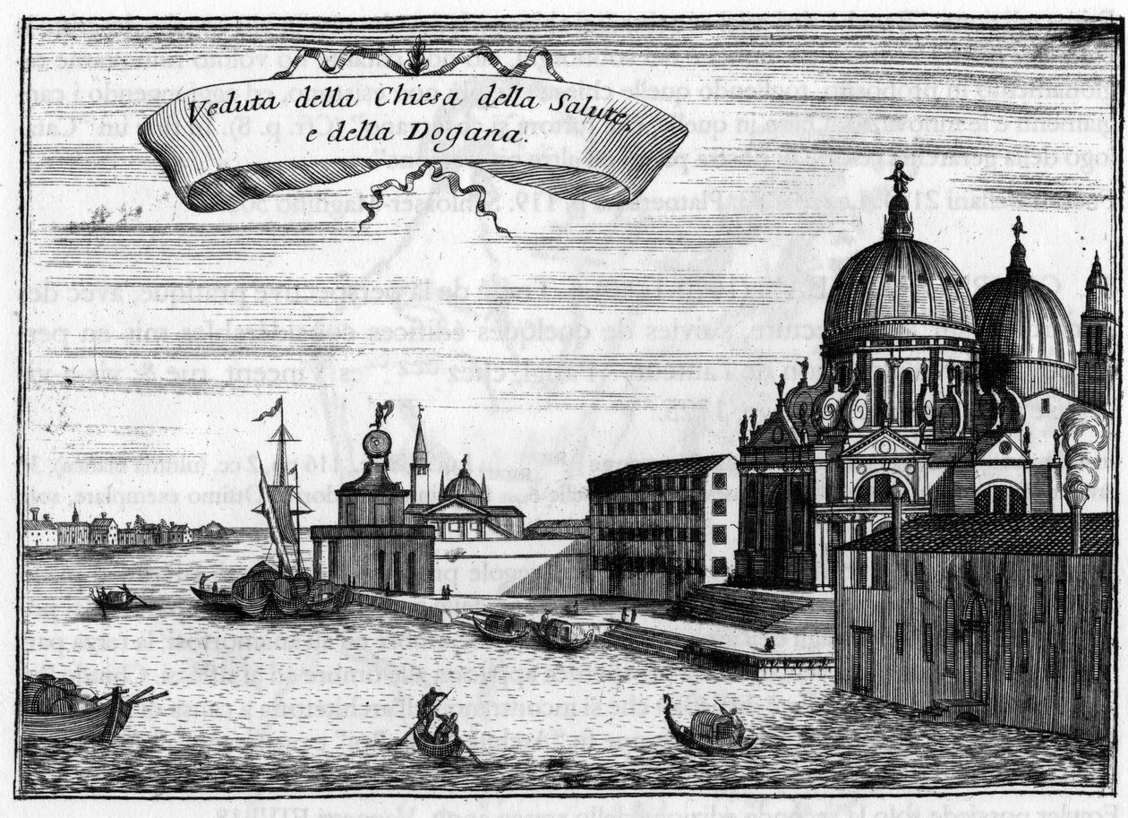 Venedig, Italien. Santa Maria della Salute-kirken designet af arkitekten Baldassare Longhena, og det maritime toldvæsen. I "" Singularity of Venice "" af Vincenzo Coronelli (1650-1718). af Vincenzo Maria Coronelli
