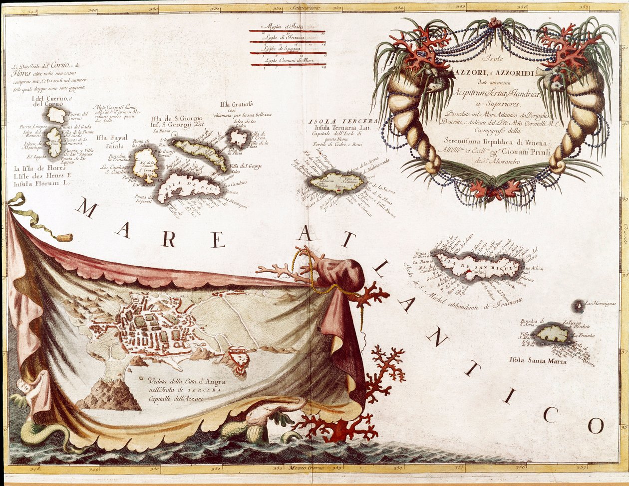 Udsigt over øgruppen Azorerne i Atlanterhavet (gravering af Vincenzo Maria Coronelli