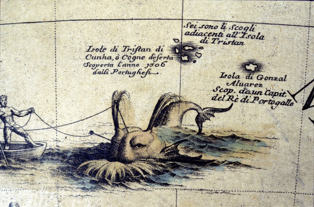 Hvalfangst i det sydlige Atlanterhav efter en klode af Coronelli. 1600-tallet af Vincenzo Maria Coronelli