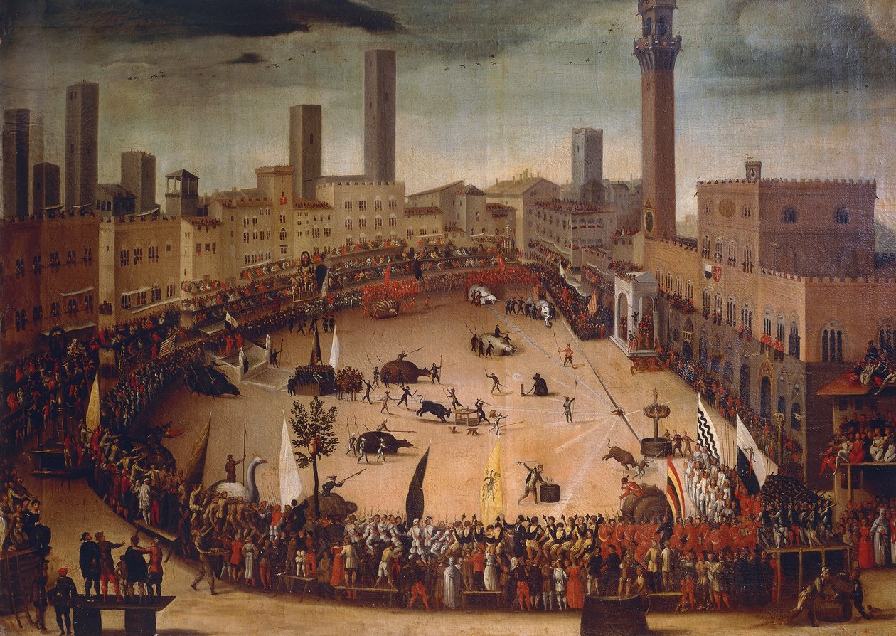 Tyrejagt på Piazza del Campo i 1546, ca. 1585, maleri af Vincenzo Rustici (1556-1632), olie på lærred af Vincenzo Rustici