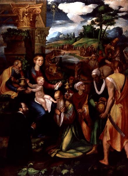 Tilbedelse af Magi med en donor (olie og tempera på panel) af Vincenzo da (d.1557) Pavia