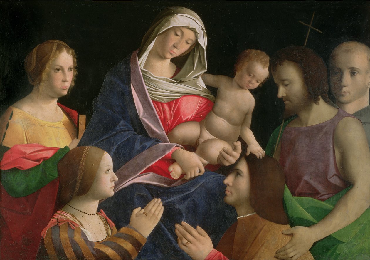 Madonna og barn med Johannes Døberen, to hellige og donorer af Vincenzo di Biagio (follower of) Catena