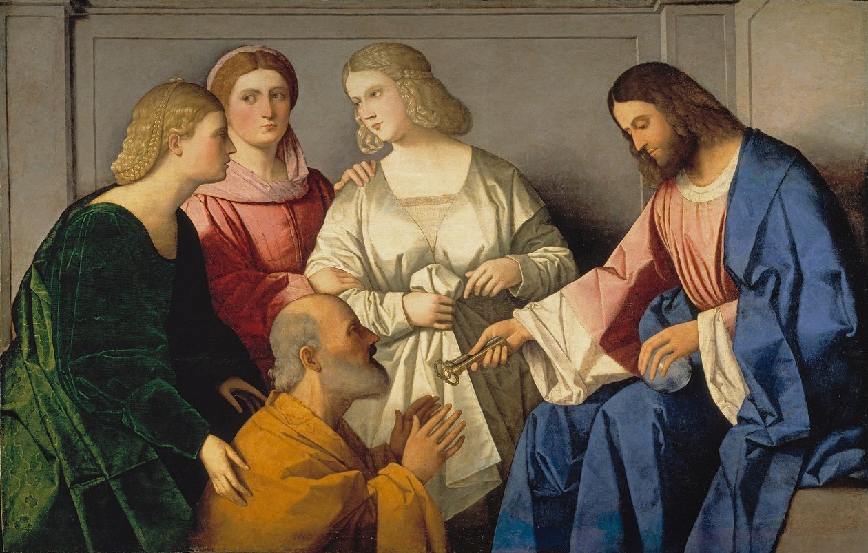 La Remise des clefs a saint Pierre - Kristus giver nøglerne til Sankt Peter - Catena, Vincenzo di Biagio (ca.1470-1531) - ca. 1520 - Olie på træ - 86x135 - Museo del Prado, Madrid af Vincenzo di Biagio Catena