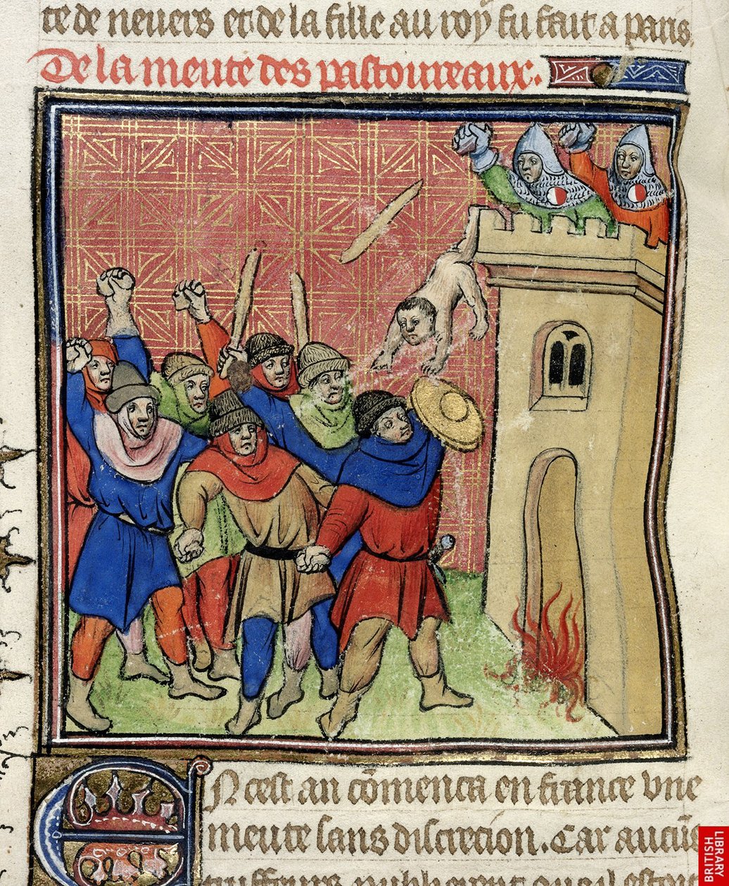 Detalje af en miniature af det tredje korstog i Pastoureaux. Jøder smider deres børn fra et tårn efter 1380 af Virgil Master
