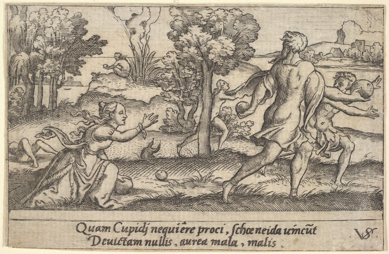 Atalanta og Hippomenes, i forgrunden Atalanta, der knæler for at samle et æble op og..., ca. 1535-62. af Virgil Solis