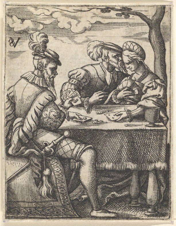 To mænd og en kvinde spiller kort ved et bord, en mand presser sin næse mod ..., ca. 1535-62. af Virgil Solis