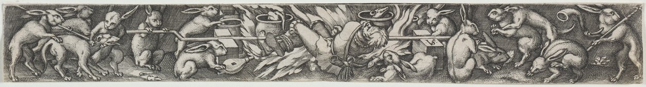 Kaniner, der steger en jæger og hans hunde af Virgilius Solis