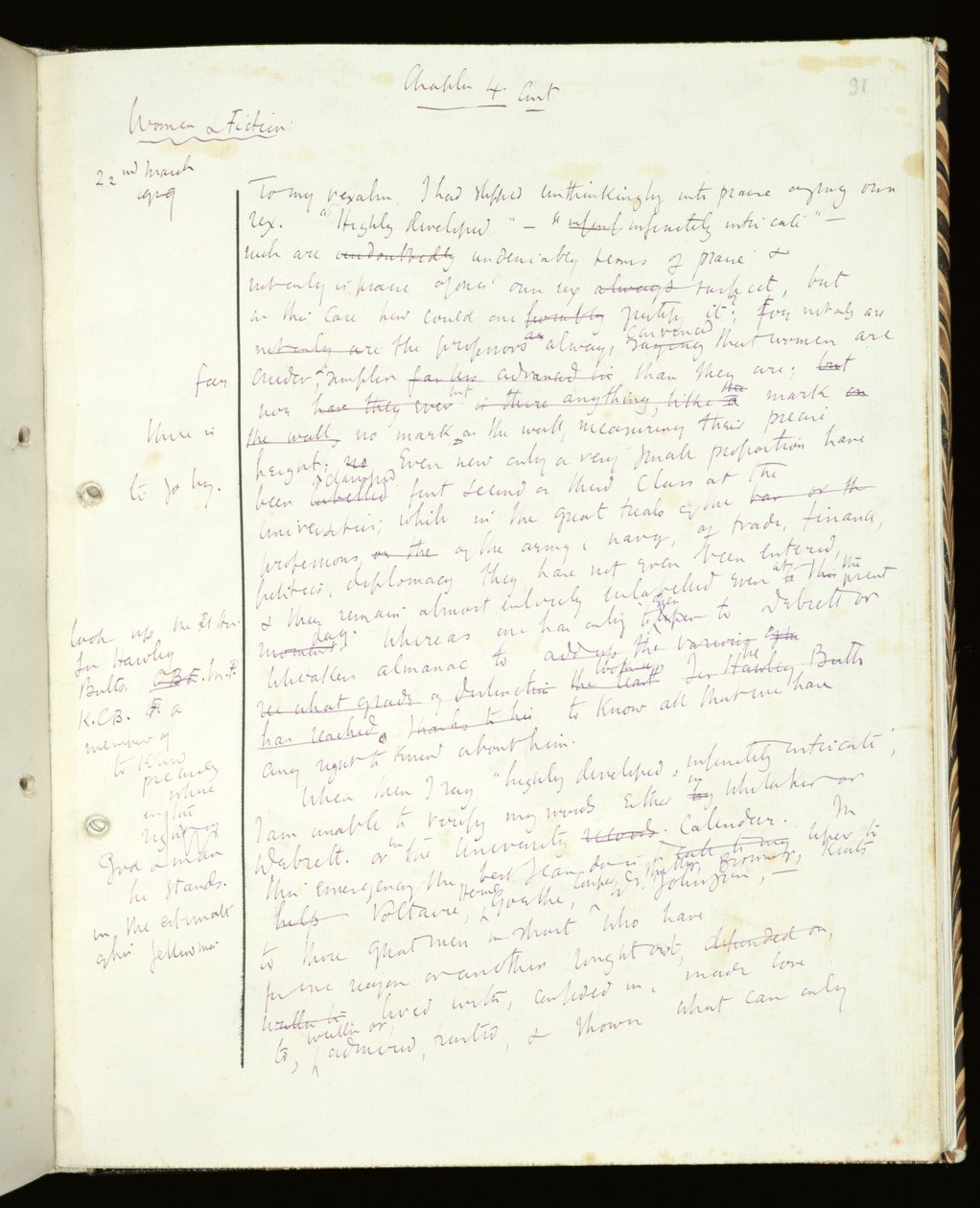 Ms 1-1942, s.91 Side fra Women in Fiction, udgivet som A Room of Ones Own, 1929 (blæk på papir) af Virginia Woolf