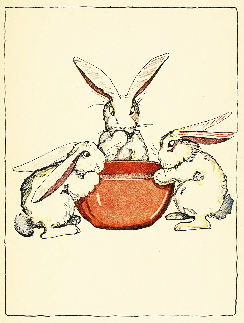 Flopsy, Mopsy og Cotton-Tail havde brød og mælk og brombær til middag fra The Tale of Peter Rabbit, pub. 1916 (farve litho) af Virginia Albert