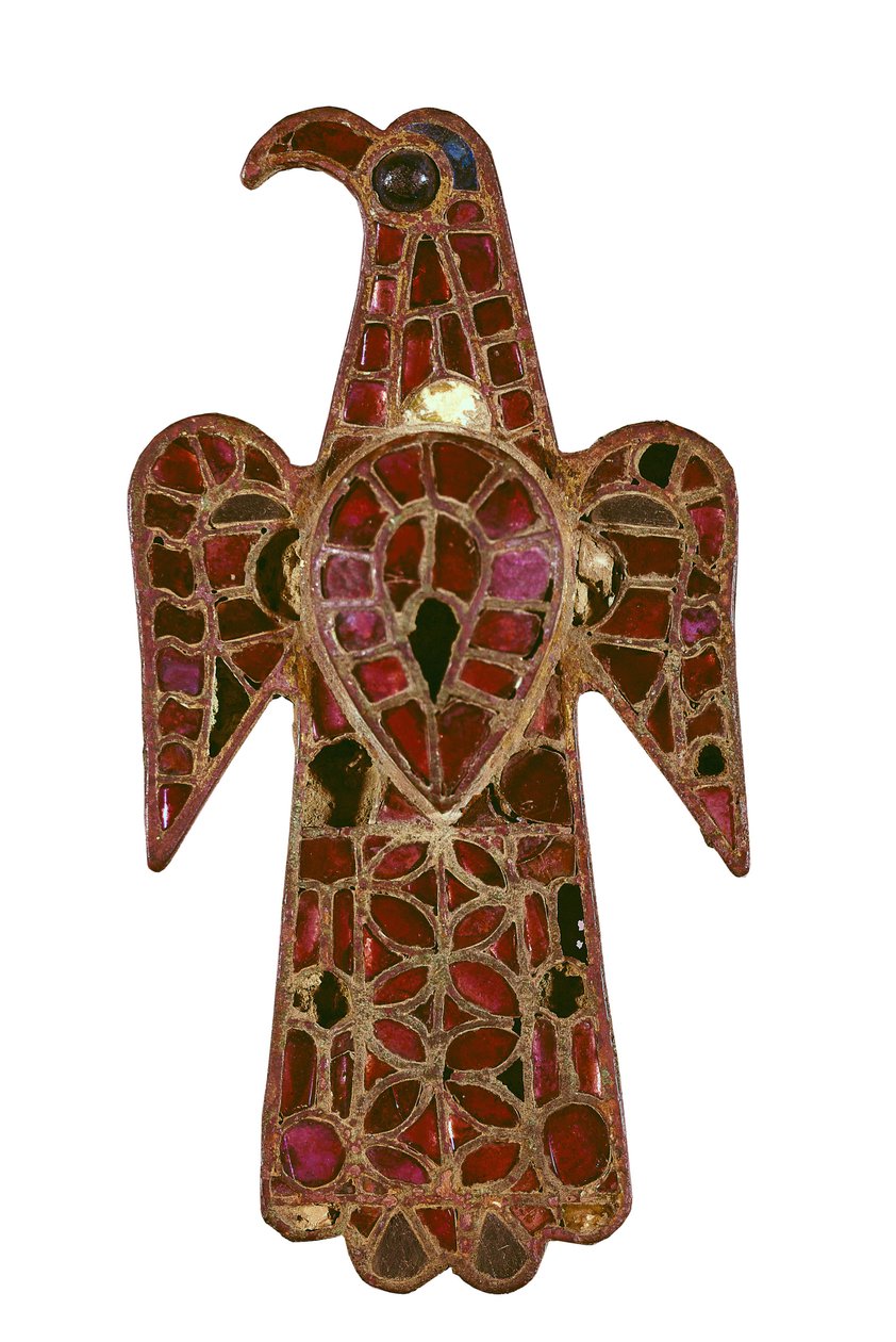 Ivrig-formet vestgotisk fibula, 6. århundrede, bronze og glaspasta af den tekniske cloisonne af Visigothic Visigothic
