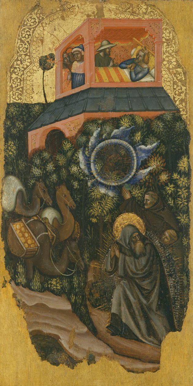 Historien om Sankt Antonius den Store, en tigger opfordrer den syge konge af Palæstina til at sende mad til Sankt Antonius (øverst); ankomst af kameler med mad (nederst) af Vitale da Bologna