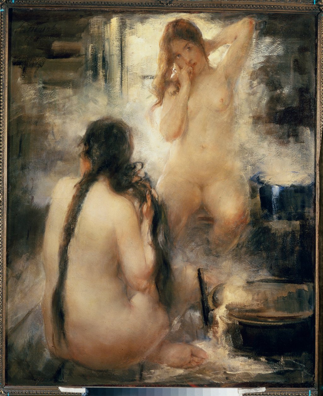 Dans un bain devapor (sauna) - I et dampbad - To nøgne unge kvinder, der reder deres hår og nyder fordelene ved traditionel russisk hydroterapi - Maleri af Vitali Gavrilovich Tikhov (1876-1939), olie på lærred, begyndelsen af ​​det 20. århundrede - Russisk af Vitali Gvrilovich Tikhov