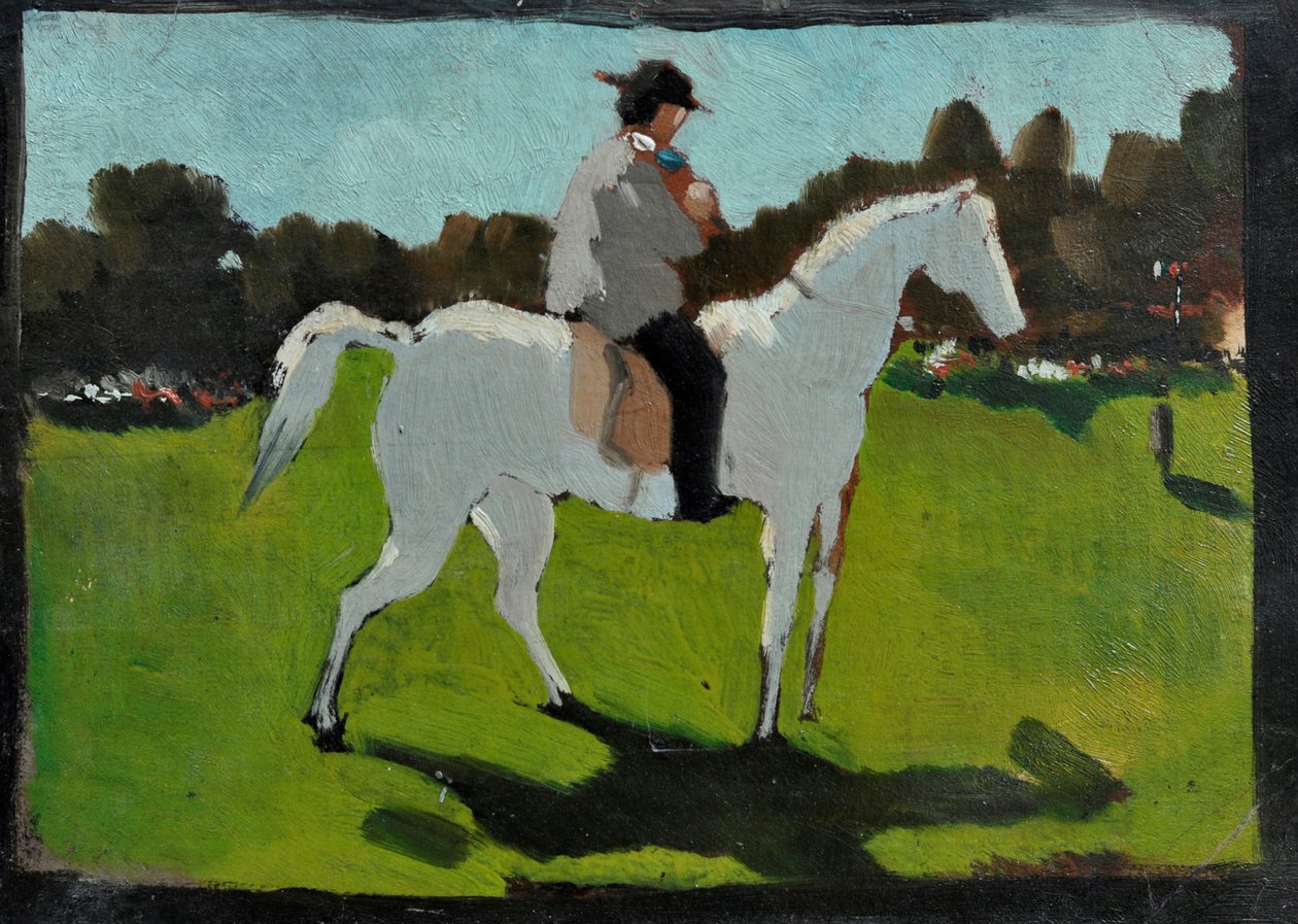 Hvid hest med jockey (olie på papir på plade) af Vito d