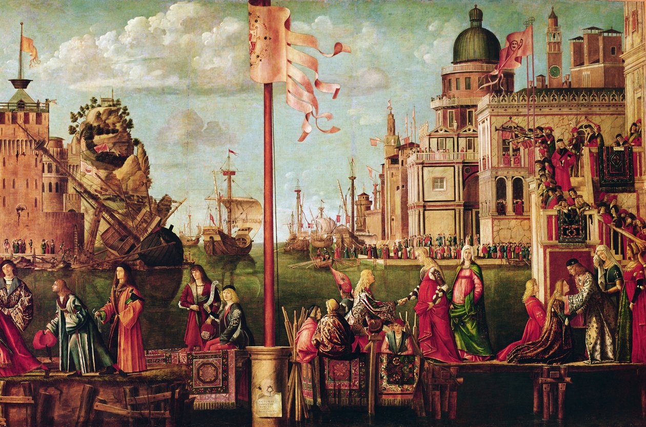Detalje af mødet mellem Etherius og Ursula og pilgrimmenes afgang, fra St. Ursula-cyklussen, ca. 1490-96 (detaljer fra 56472) af Vittore Carpaccio