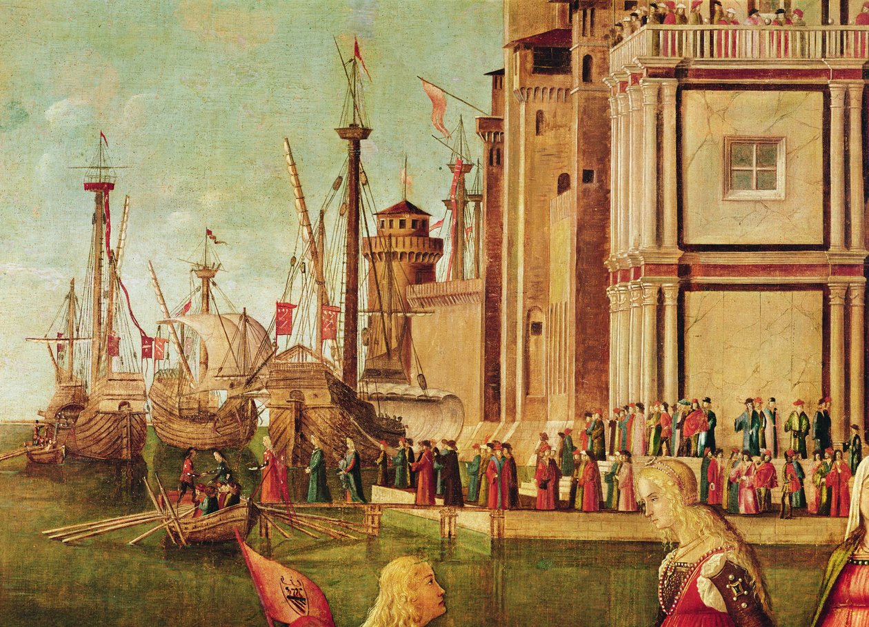Detalje af mødet mellem Etherius og Ursula og pilgrimmenes afgang, fra St. Ursula-cyklussen, ca. 1490-96 (detaljer fra 56472) af Vittore Carpaccio