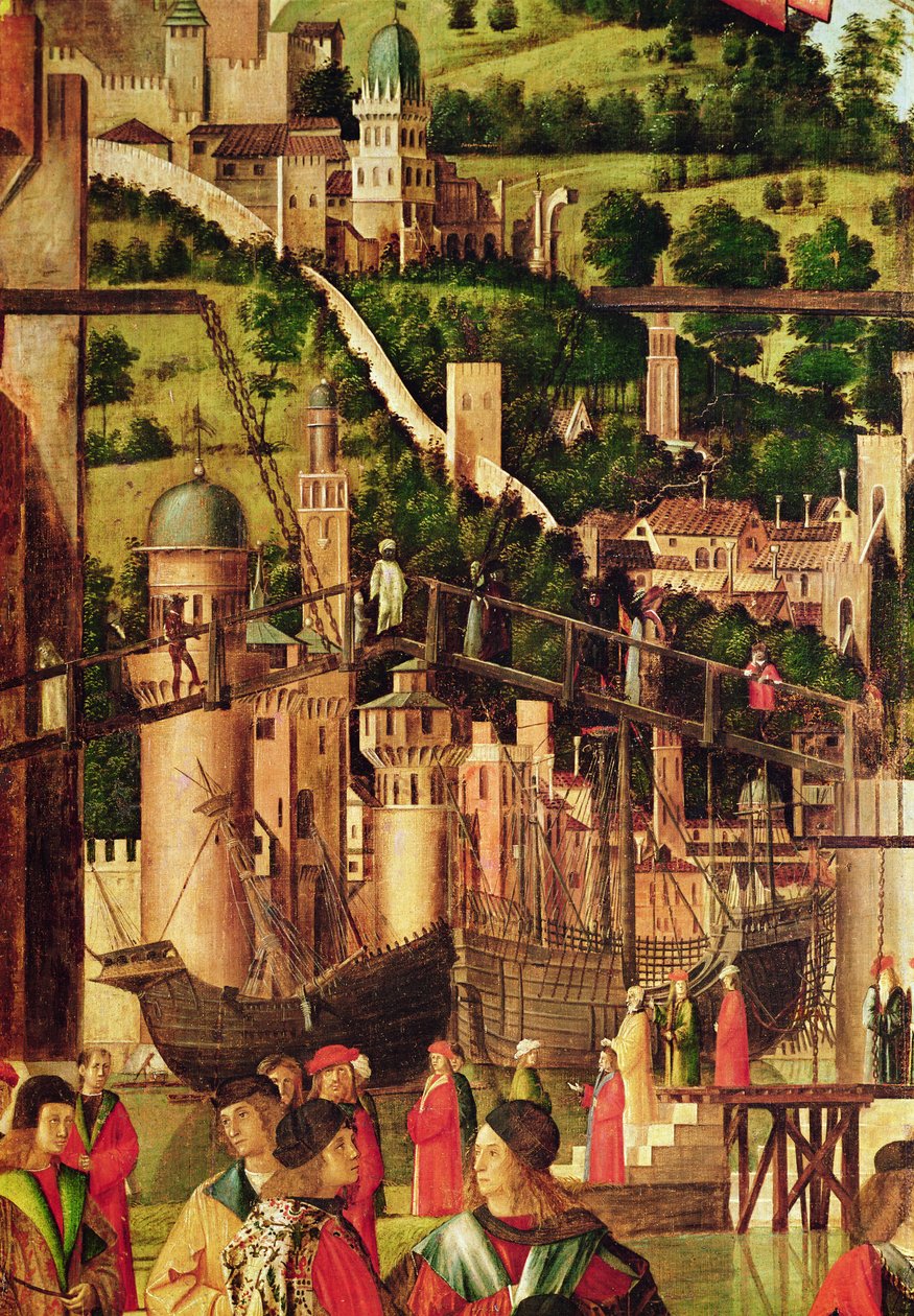 Detalje af mødet mellem Etherius og Ursula og pilgrimmenes afgang, fra St. Ursula-cyklussen, ca. 1490-96 (detaljer fra 56472) af Vittore Carpaccio