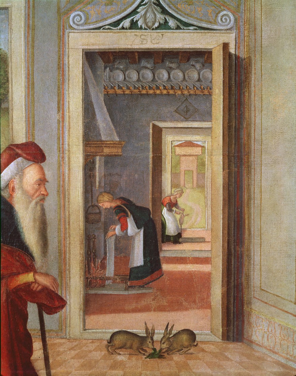 Jomfruens fødsel, detalje af tjenere i baggrunden, 1504-08 (detalje af 352330) af Vittore Carpaccio