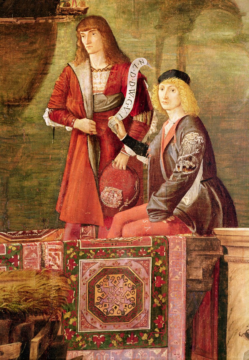 Mødet mellem Etherius og Ursula og pilgrimmenes afgang, fra St. Ursula-cyklussen, detalje af to mænd fra centrum, 1495 af Vittore Carpaccio