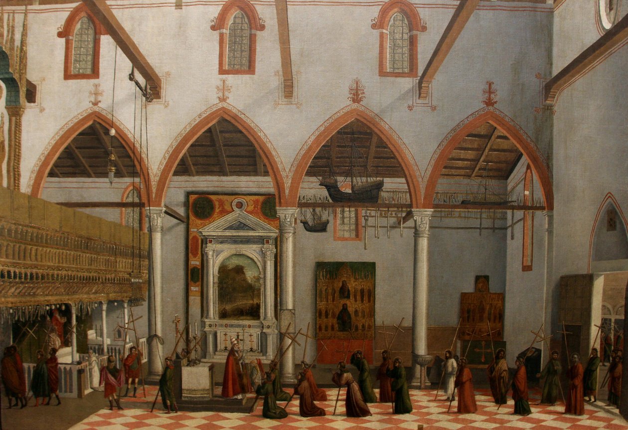 Syn af den tidligere Ottobon med fremkomsten af ​​korsfæstelser af M. Ararat i kirken S. Antonio di Castello af Vittore Carpaccio