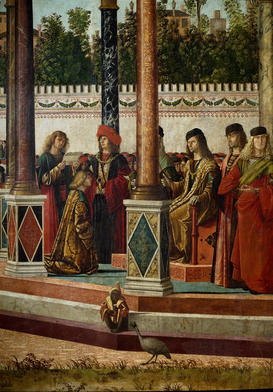 Cyklus af Saint Ursulas liv (bretonsk prinsesse). Tredje episode: ambassadørernes tilbagevenden til kongen af England. Detalje, der repræsenterer kongen. Uddrag fra legende doree af Jacques de Voragine (ca. 1228-1298). Maleri af Vittore Scarpazza dit af Vittore Carpaccio