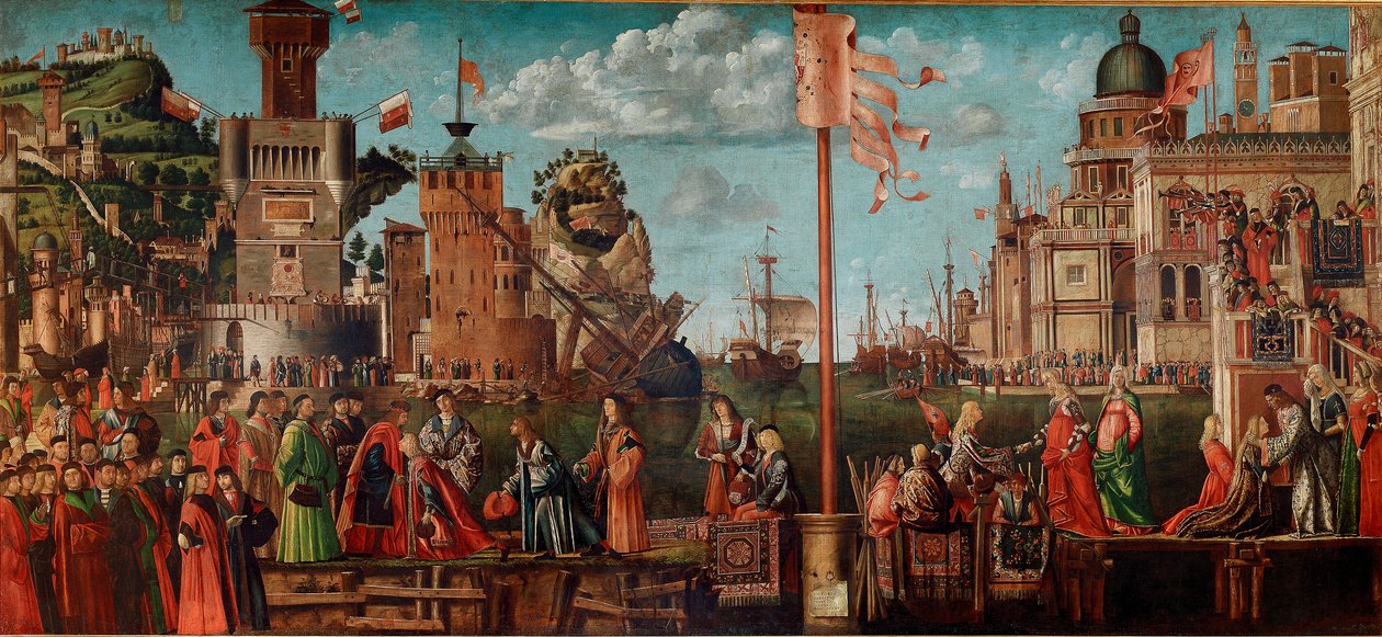 Cyklus af Saint Ursulas liv, fjerde afsnit: Forlovelsesmødet og afgangen i Pelerinage. (olie på panel af Vittore Carpaccio