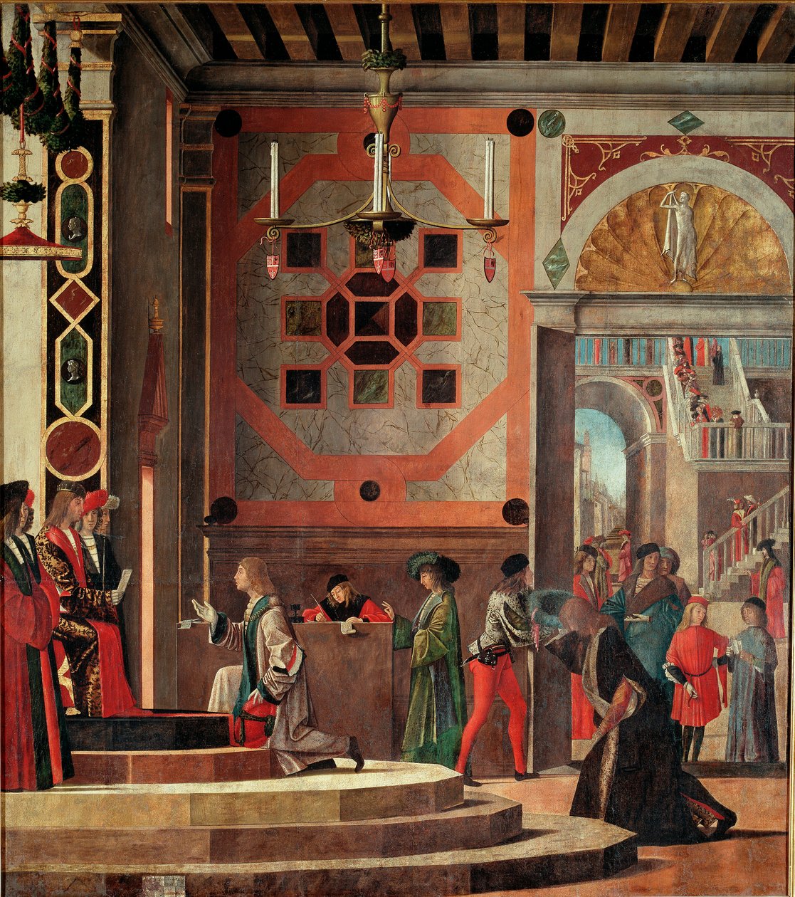 Cyklus af Saint Ursulas liv, andet bord: Farvel (eller afgang) af ambassadører. (olie på panel af Vittore Carpaccio