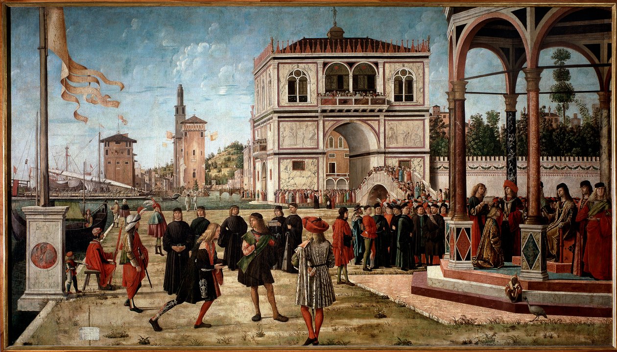 Cyklus af Saint Ursulas liv, tredje episode: ambassadørernes tilbagevenden til kongen af England. (olie på panel af Vittore Carpaccio