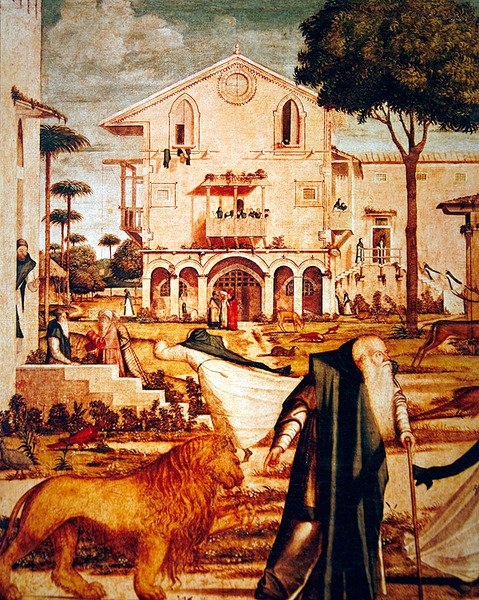 Detalje af Sankt Hieronymus, der tæmmer løven, ca. 1501-09 (detalje af 60932) af Vittore Carpaccio