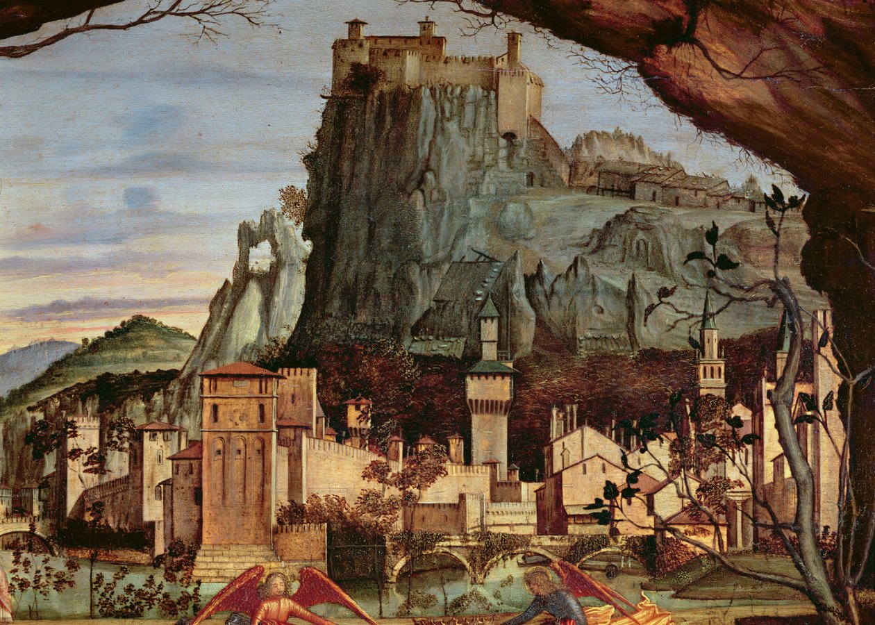 Sacra conversazione, detalje af byen og slottet i baggrundspanelet fra 84002 af Vittore Carpaccio
