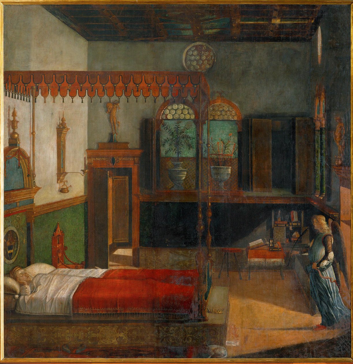 Sankt Ursula drømmer om sit kommende martyrium, som annonceres af en engel (maleri på lærred) af Vittore Carpaccio