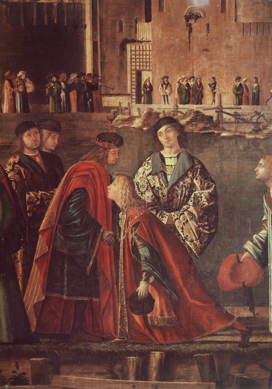 Historier om Skt. Ursula, mødet mellem Etherius og Ursula og pilgrimmes afgang, Ereo tager afsked med sin far, af Vittore Carpaccio (ca. 1465- ca. 1526), tempera på lærred, 280x611 cm af Vittore Carpaccio