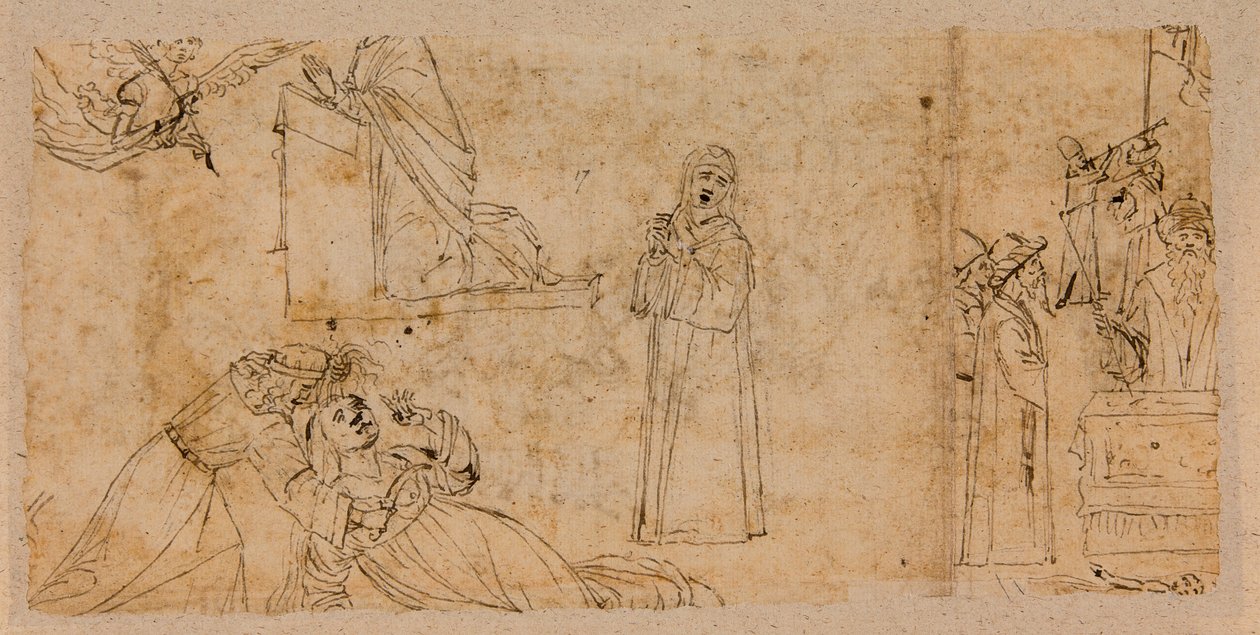 Studier til en bebudelse; for St. Agathas martyrium; for en sørgende Madonna (pen & blæk over kridt på papir) (verso af 5933930) af Vittore Carpaccio