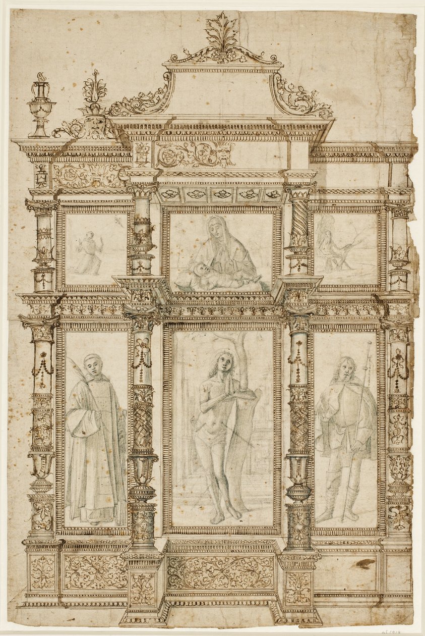 Studie til en altertavle med seks billeder sat i en udsmykket struktur af rammer. Øverst: Stigmatiseringen af St. Francis, Madonna og Child, St. Hieronymus i ørkenen; nederst: Sts Lawrence, Sebastian og Roch af Vittore Carpaccio