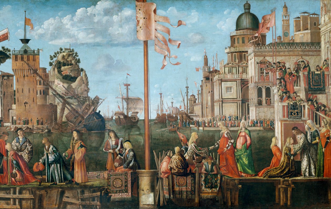 Mødet mellem Etherius og Ursula og pilgrimmenes afgang, fra St. Ursula-cyklussen, oprindeligt i Scuola di SantOrsola, Venedig, 1498 (detalje af 56472) af Vittore Carpaccio