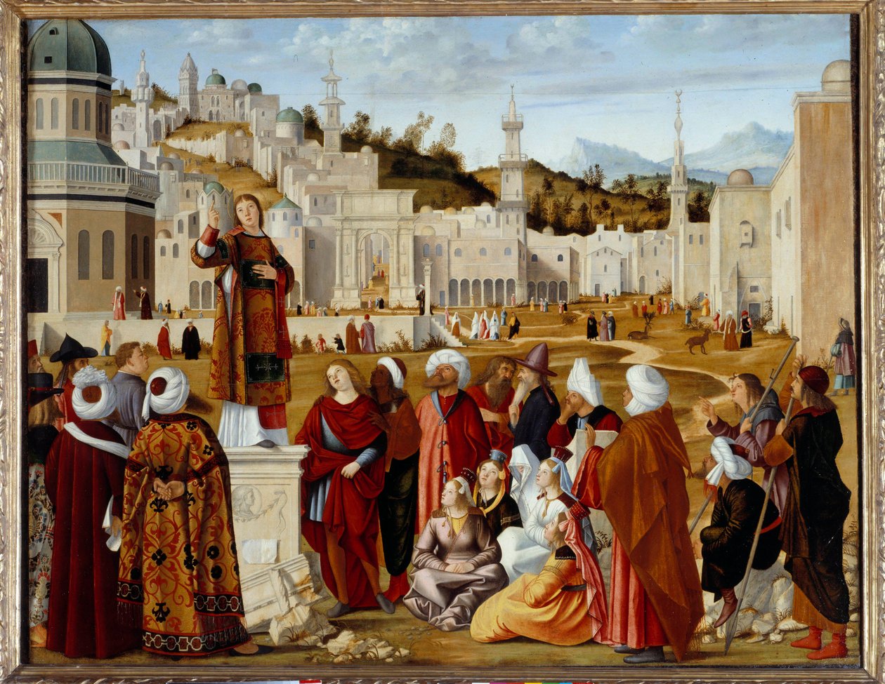 Forudsigelsen af St. Stephen i Jerusalem Maleri en del af en serie udført for kapellet i Scuola si Santo Stefano i Venedig. Maleri af Vittore Carpaccio (1450/54-1525/26) søn. 1,4x1,9 m - St. Stefans prædiken (St. Etienne) i Jerusalem. Det af Vittore Carpaccio