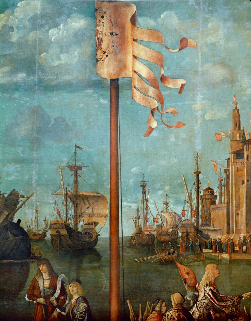 Mødet mellem Ursula og hendes forlovede Ereo: skibe og flag (maleri på lærred) af Vittore Carpaccio