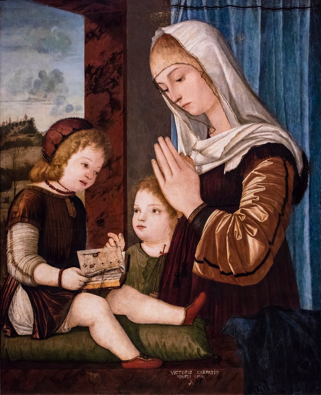 Jomfru og barn med Johannes Døberen som barn, ca. 1494/97 (blandet teknik på træ overført til silke) af Vittore Carpaccio