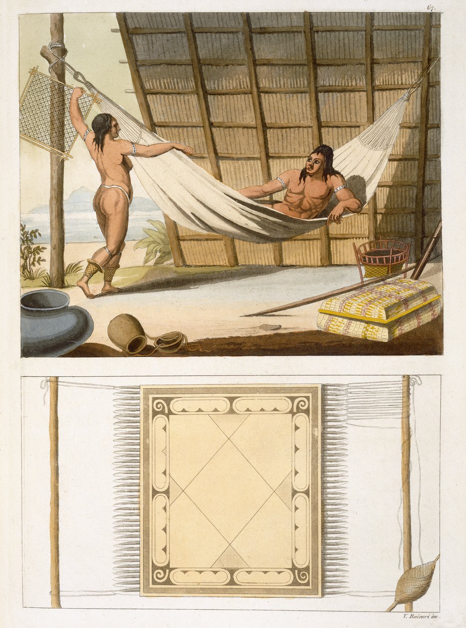 Interiør scene af indianere (farvegravering) af Vittorio Raineri