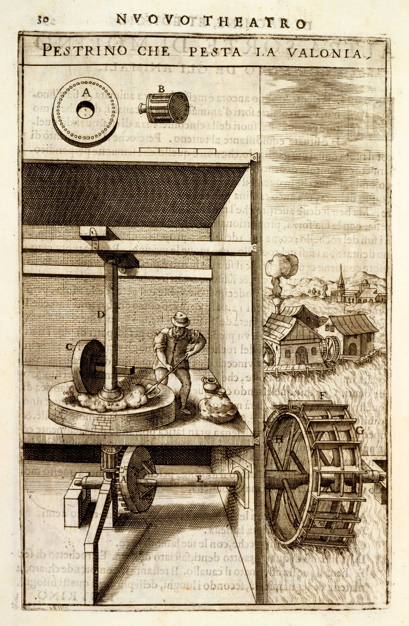 En vanddrevet knuse- eller fræsemaskine, 1607 af Vittorio Zonca
