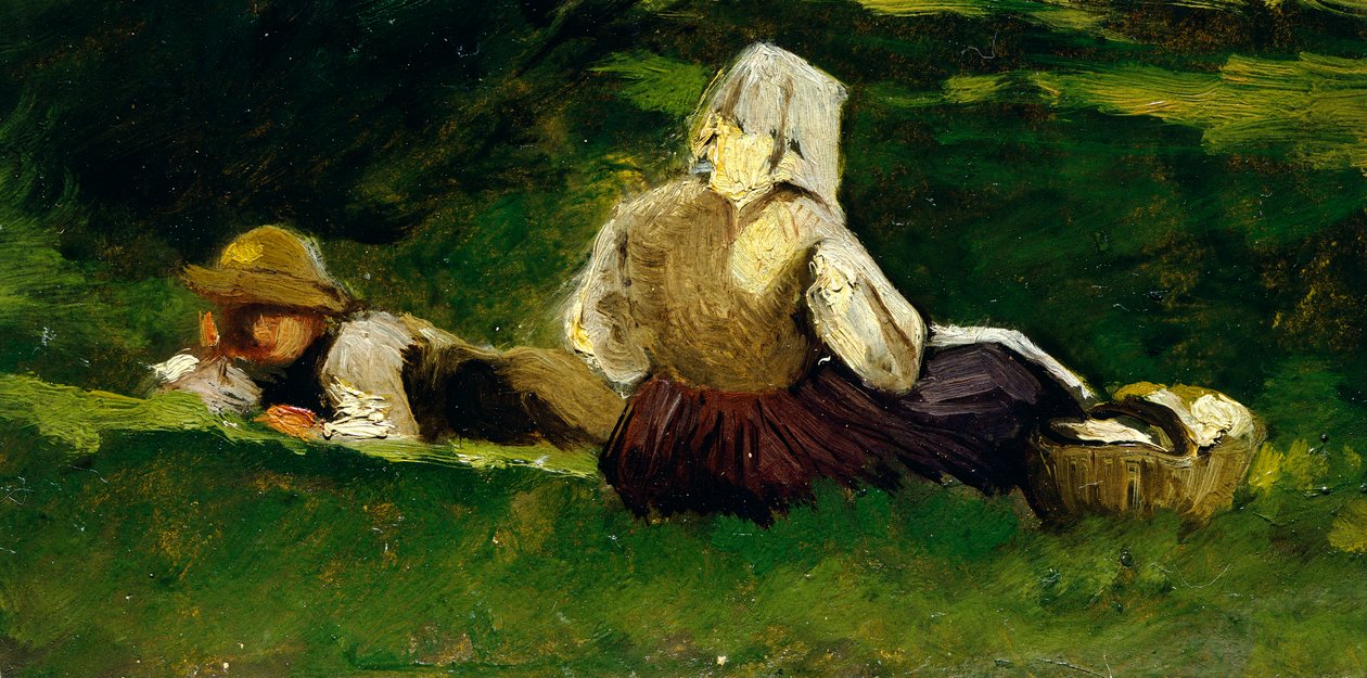 Siddende kvinde og dreng liggende på græsset af Vittorio Avondo (1836-1910). af Vittorio Avondo