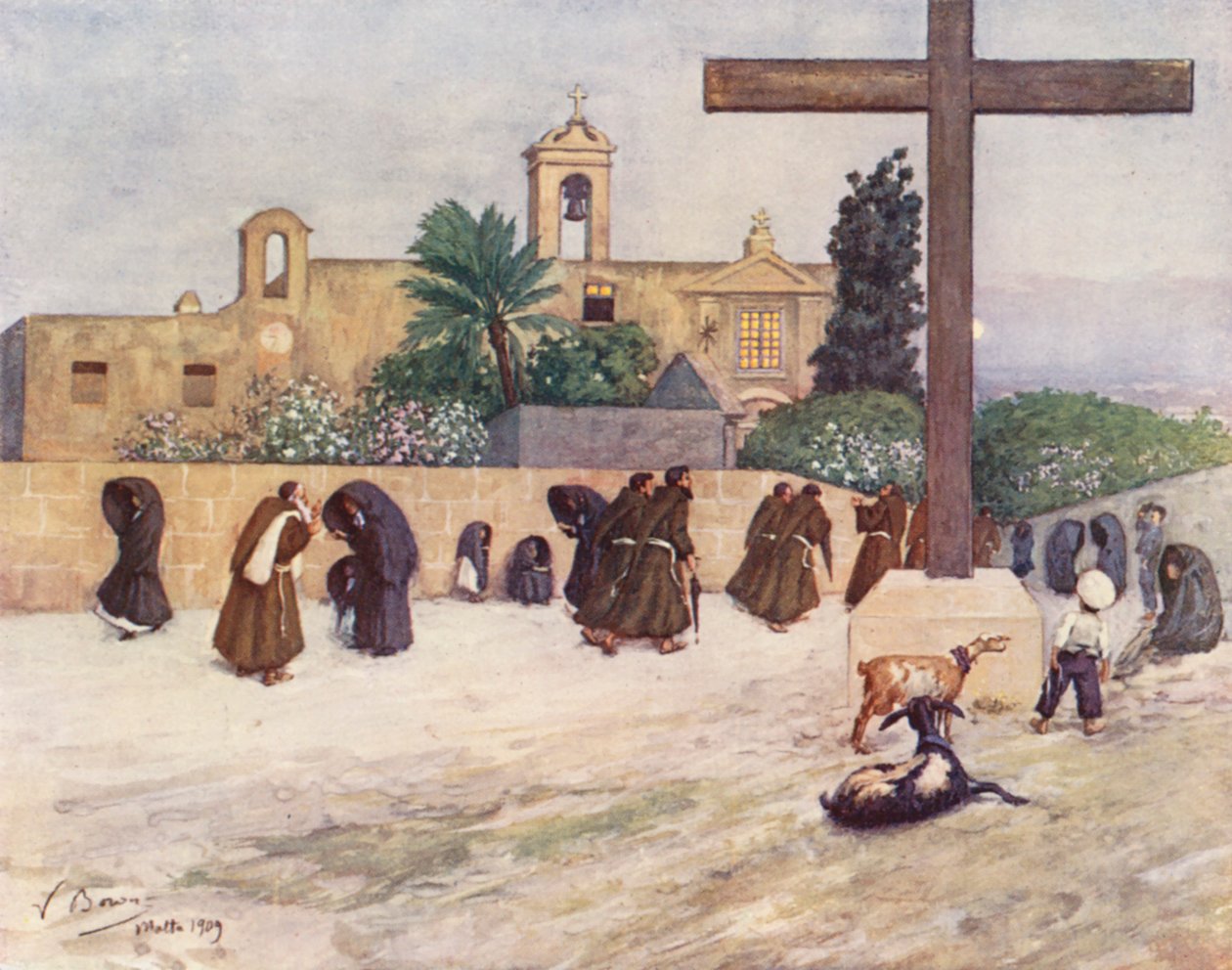 Malta: Efter solnedgang ved kapucinerklosteret, Floriana (farvelitografi) af Vittorio Boron