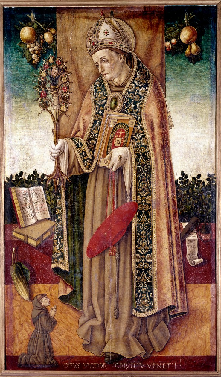 Repræsentation af Sankt Bonaventure (San bonaventura) med forløsningens træ Bonaventure Tolomei var en dominikaner i Siena, der døde i 1348 af pesten”” Maleri af Vittore Crivelli (1440-1502) 1500-tallets Paris, Musee Jacquemart Andre af Vittorio Crivelli