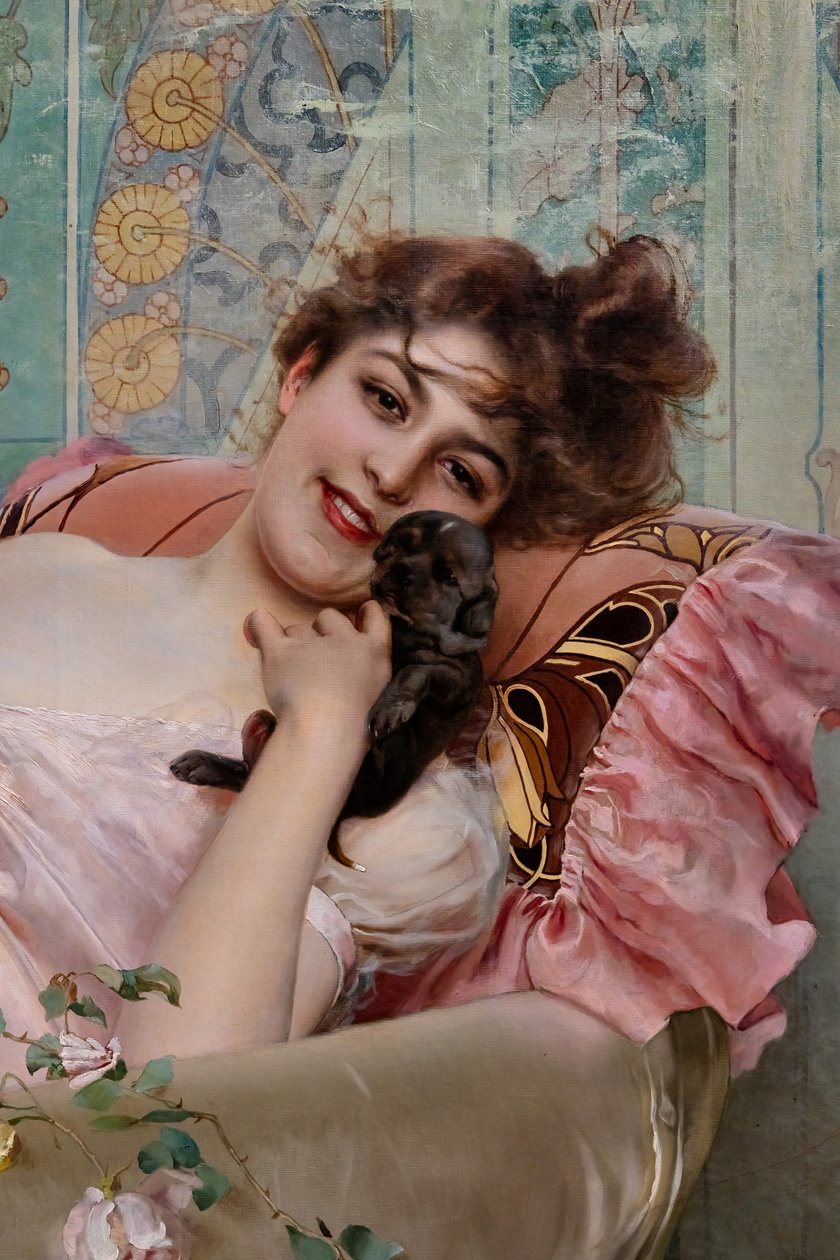 Dame med en lille hund, detalje af Vittorio Matteo Corcos