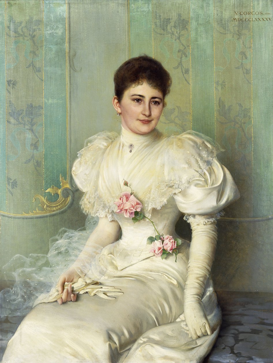 Portræt af en dame, siddende i trekvart længde, iført en hvid kjole af Vittorio Matteo Corcos