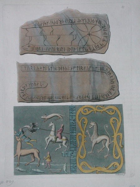 Tæppe fra Adeland og sten med runeindskrifter, fra "Le Costume Ancien et Moderne" af Jules Ferrario, ca. 1820 (farvestik) af Vittorio Raineri